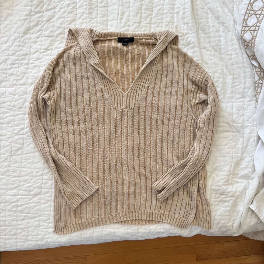 J. Crew Tan Ribbed V-Neck Linen Cotton Blend Sweater